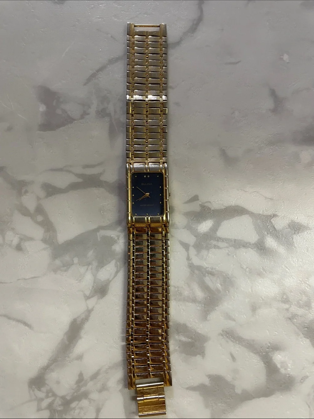 18K Bulova Gold Plated and Blue Rectangular Bracelet Watch